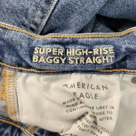 American Eagle Super High-Rise Baggy Straight Jeans Women 8 X-Long Stretch Cargo - Picture 6 of 9